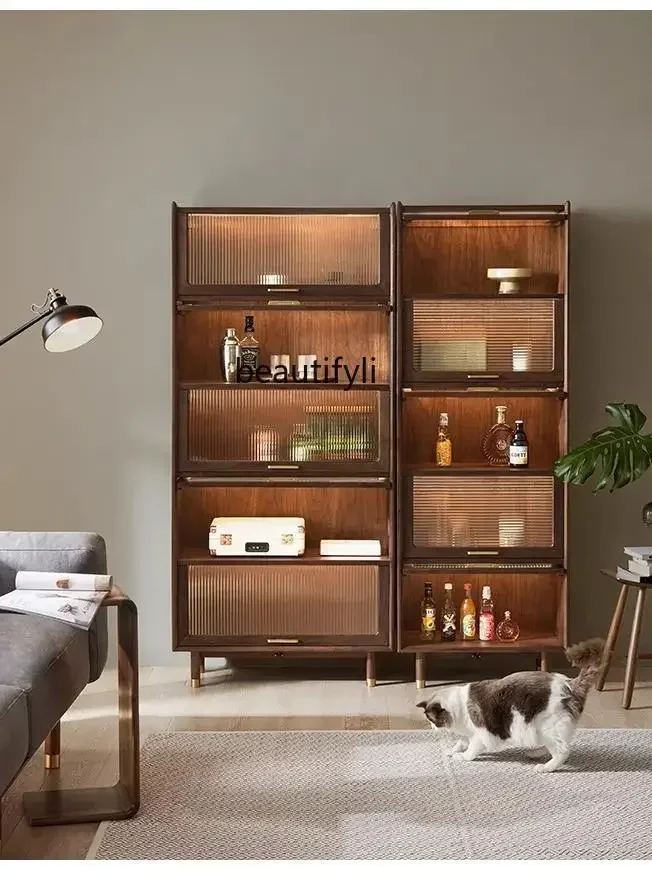 A  Nordic solid wood magazine cabinet, living room TV side cabinet display, sliding door against the wall, storage cabinet