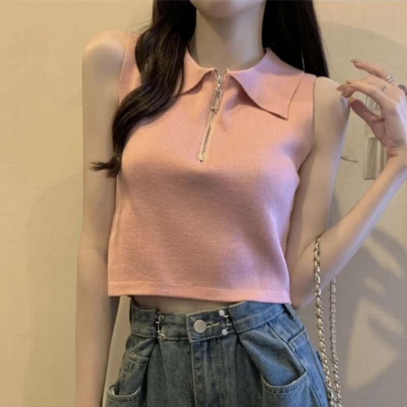 Crop Tops Tanks Women Clothing Solid Sexy Vintage Summer Zipper Deisgn Aesthetic Tender Lady Vacation All-match Korean Style New