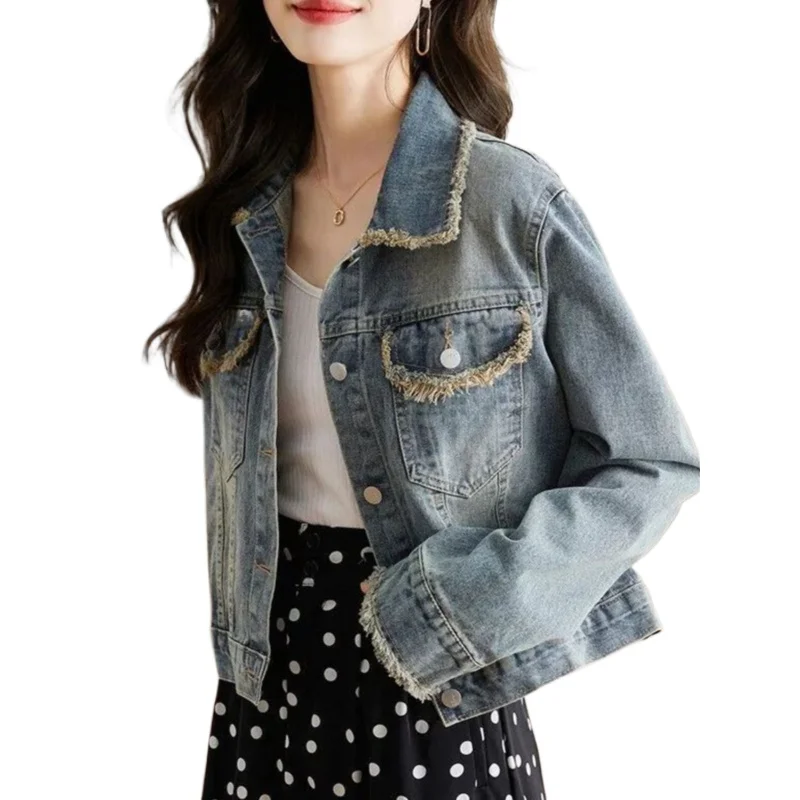 Female Spring  Autumn New Small Design Feeling Harbor Wind Jacket Women's Clothing American Vintage Raw Edge Short Denim Coat