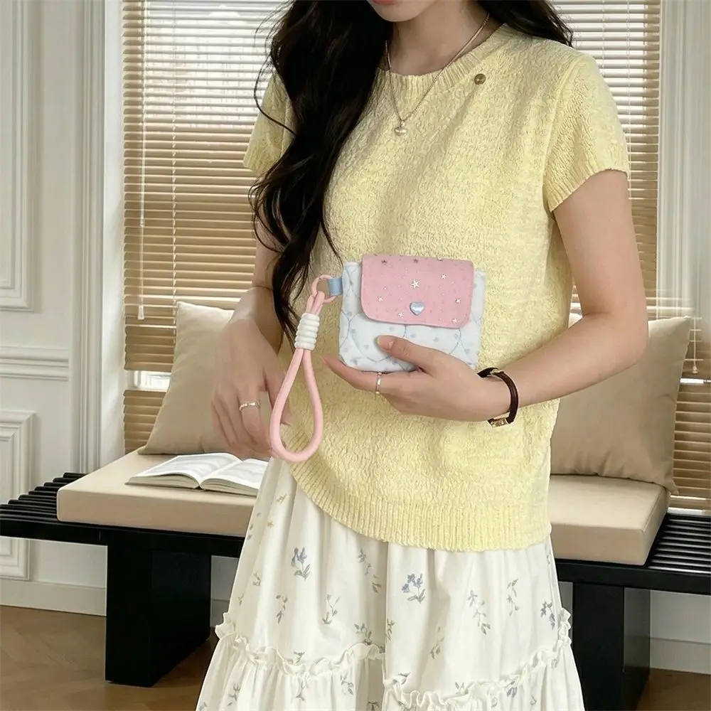 Snap Closure Quilted Star Glitter Card Bag Portable Cute Canvas Card Holder Korean Style Multiple Card Small Storage Bag Student