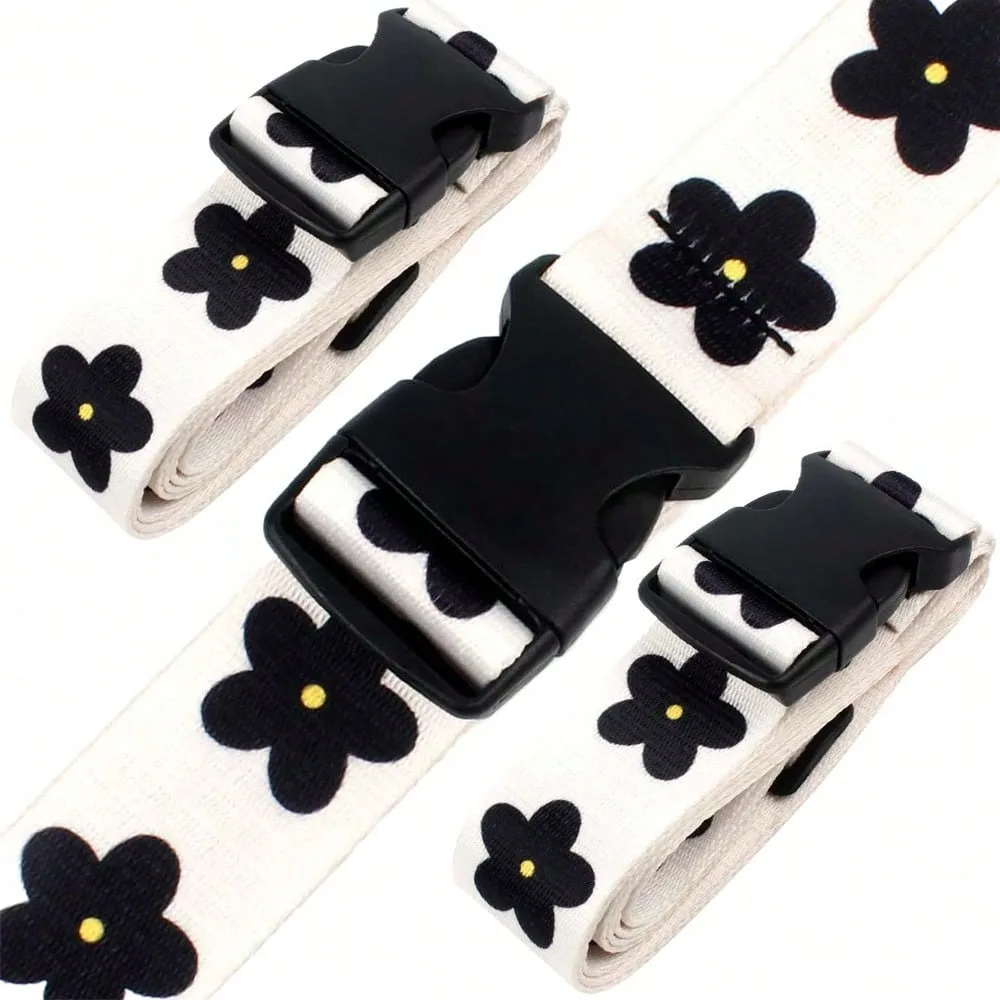 Verstellbarer Gepäckgurt mit Blumenmuster, Reisegepäck-Gurt aus Kunststoff, Schnallenverschluss, Schwarz mit weißem Blumenmuster – Detail 2