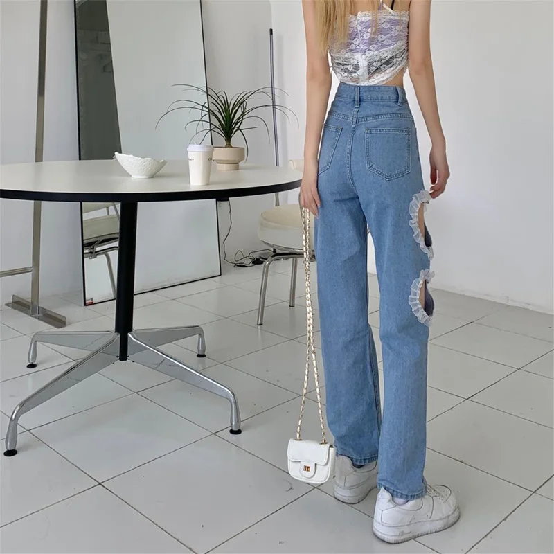 Jeans mit hoher Taille High Street Damen Jeans zerrissen Baggy Straight Denim Hosen Streetwear dstrassed Jeans lässig lose Hosen