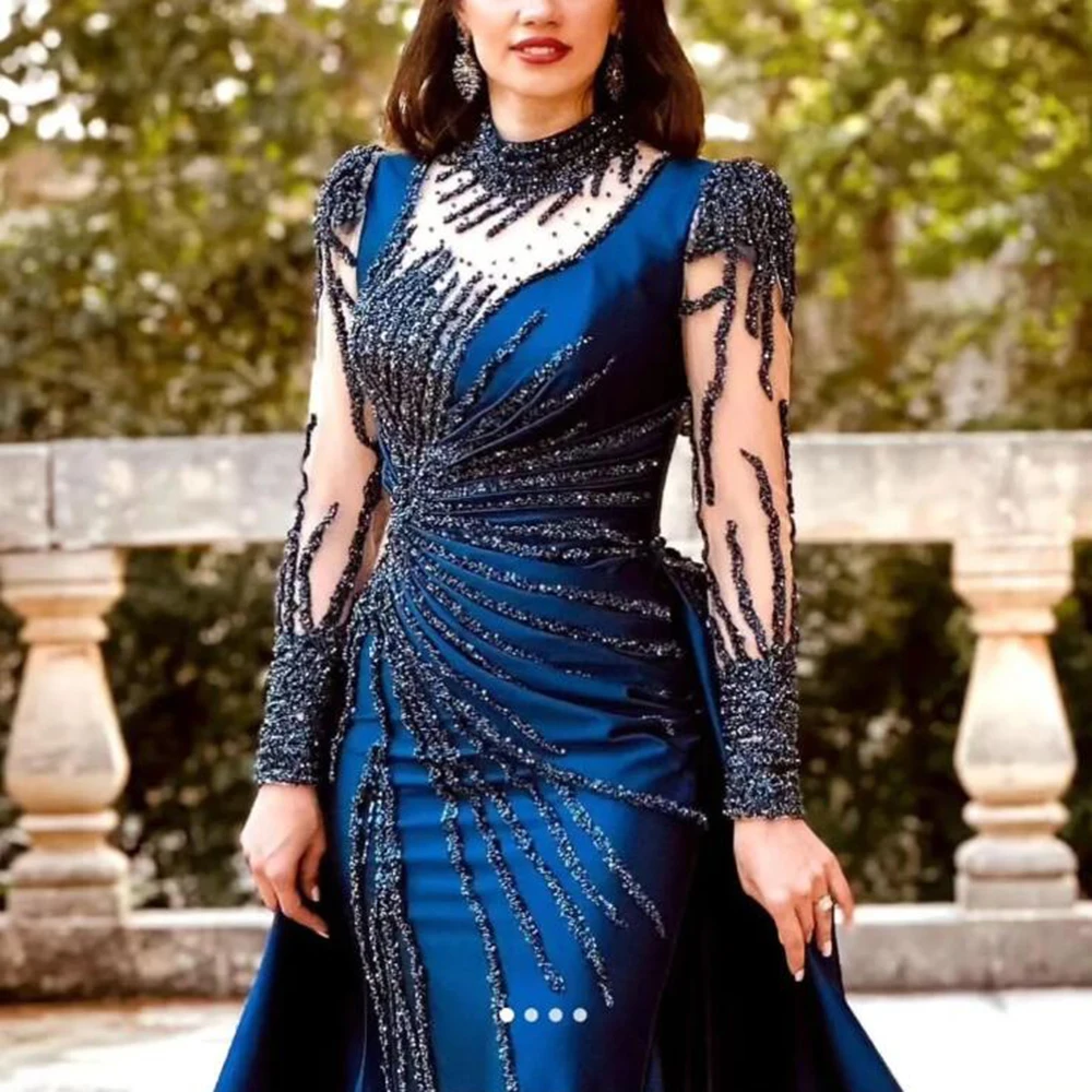 Aso Ebi Satijn Geplooide Zeemeermin Galajurken Afneembare Trein Lovertjes Kant Kralen Avondjurken Formele Feestreceptie Aangepast