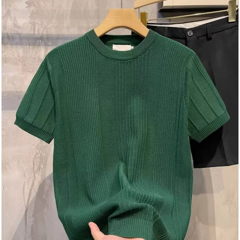 Knitted Short Sleeve-Shirt Men, Solid Color Vertical Stripes, Summer Ins Trend, Casual Half Sleeve Top, Round Neck Busines