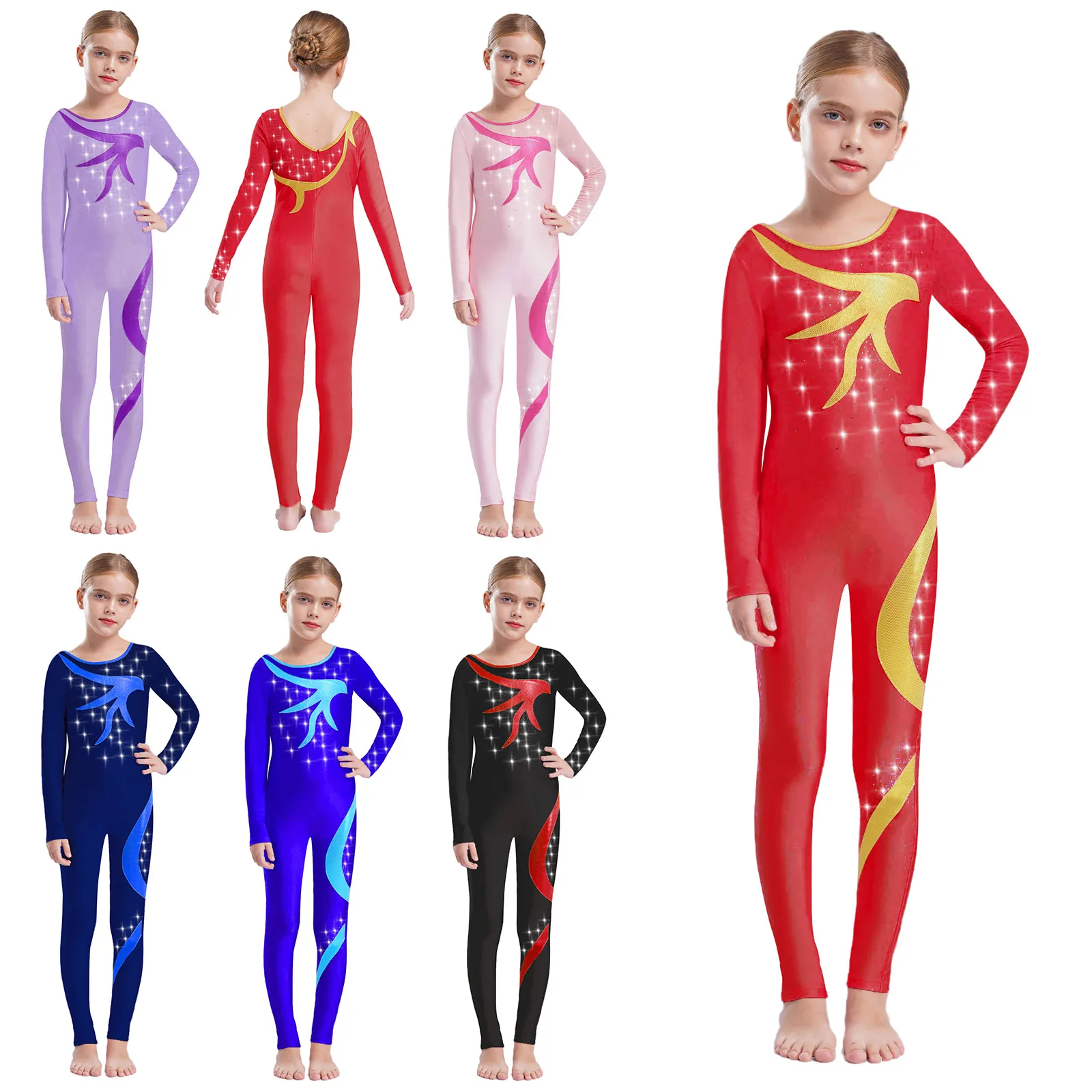 

Kids Girls Color Block Jumpsuit Shiny Ballet Dance Leotard Workout Full Body Suit Gymnastics Figure Skating Performance Costume