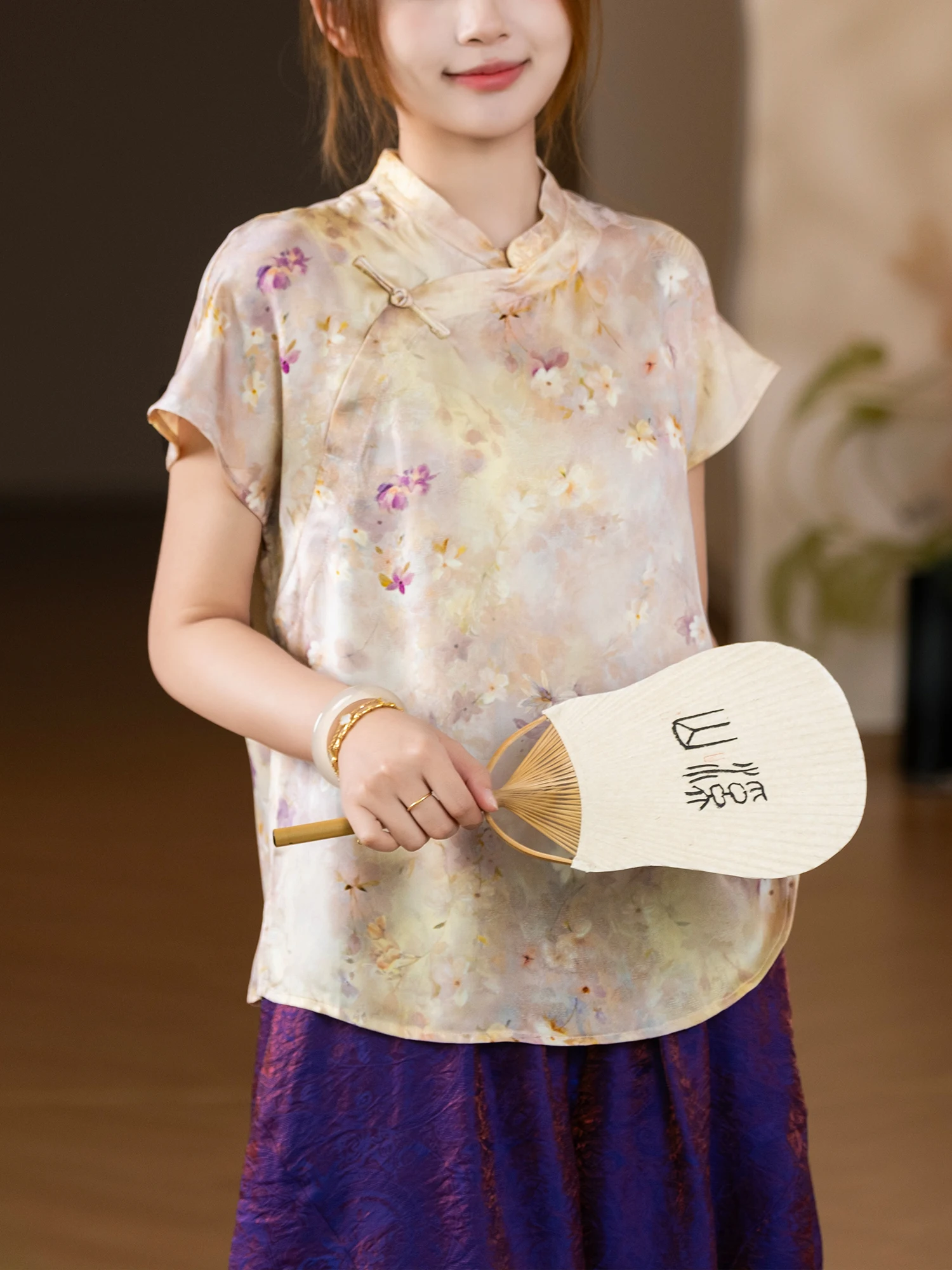 

New Chinese Sle Dyeing Silk Georgette Blouse Poetic Mountain Sea Series Apricot Blossom Light Rain adient Silk irt