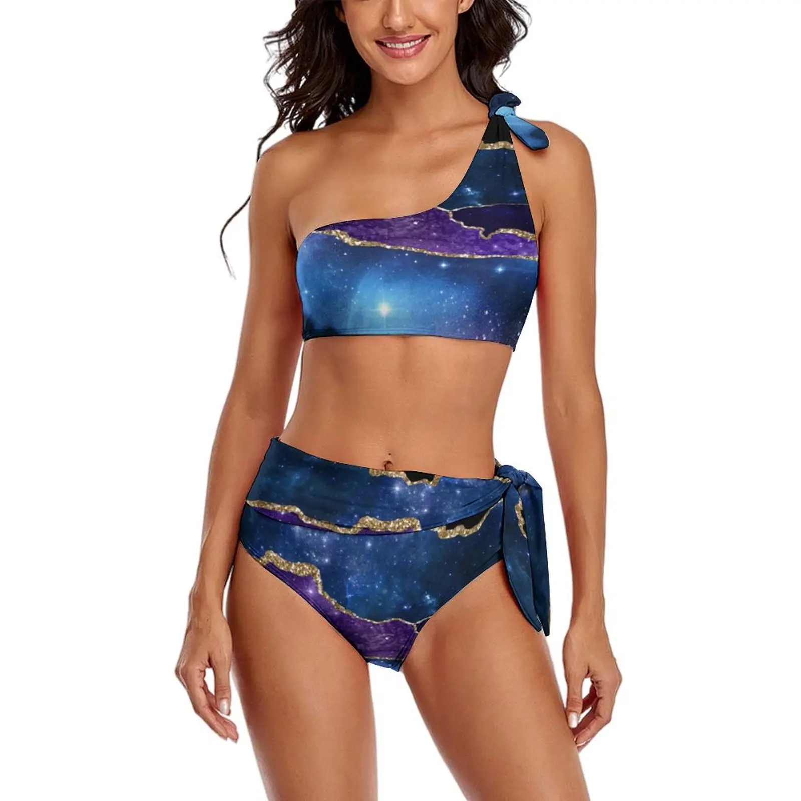 

Purple Teal Gold Glitter Marble Bikini Swimsuit Elegant Galaxy Print High Waist Swimwear Sexy Bikinis Set Push Up Bathing Suit