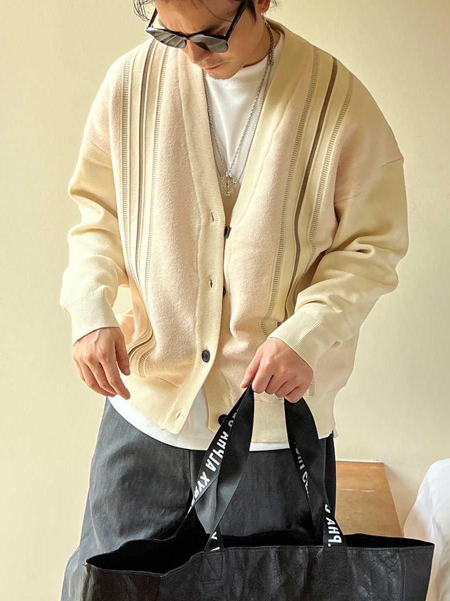 

Loose Men's Open Cardigan Sweater V-Ne American Retro Sle Winter Outerwear Knitted Outer Layer Casual Faion Polyester