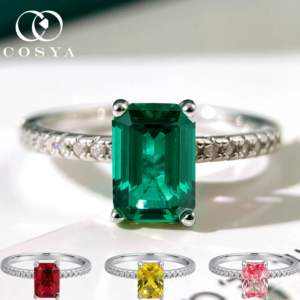 

Кольцо COSYA 1CT с изумрудом радиантной огранки, выращенным в лаборатории (Колумбия/Замбия), для женщин, серебро S925, с рубином и сапфиром, обручальное кольцо, ювелирное изделие высокого качества
