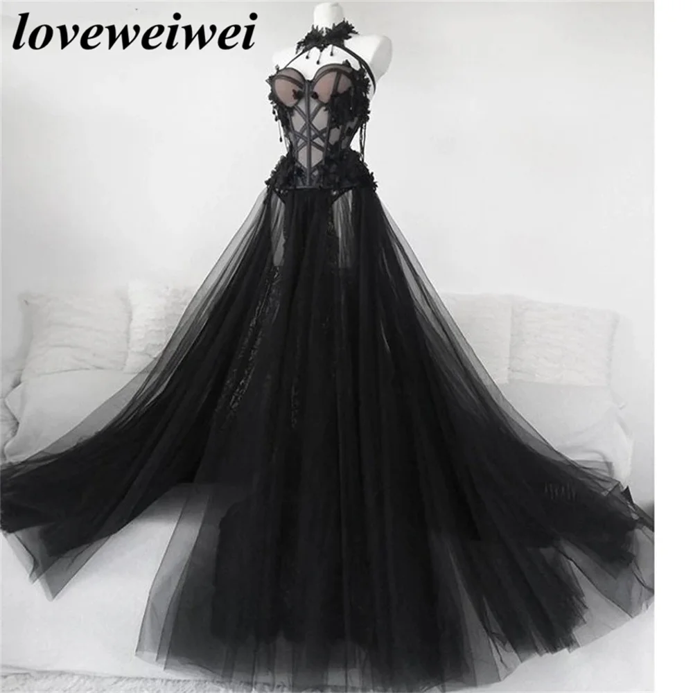 Black Lace Coreset Wedding Dress Fairy Tulle Bridal Gown Dress Forest Wedding Dress Witchy Bridal Dress Gothic Wedding Gown