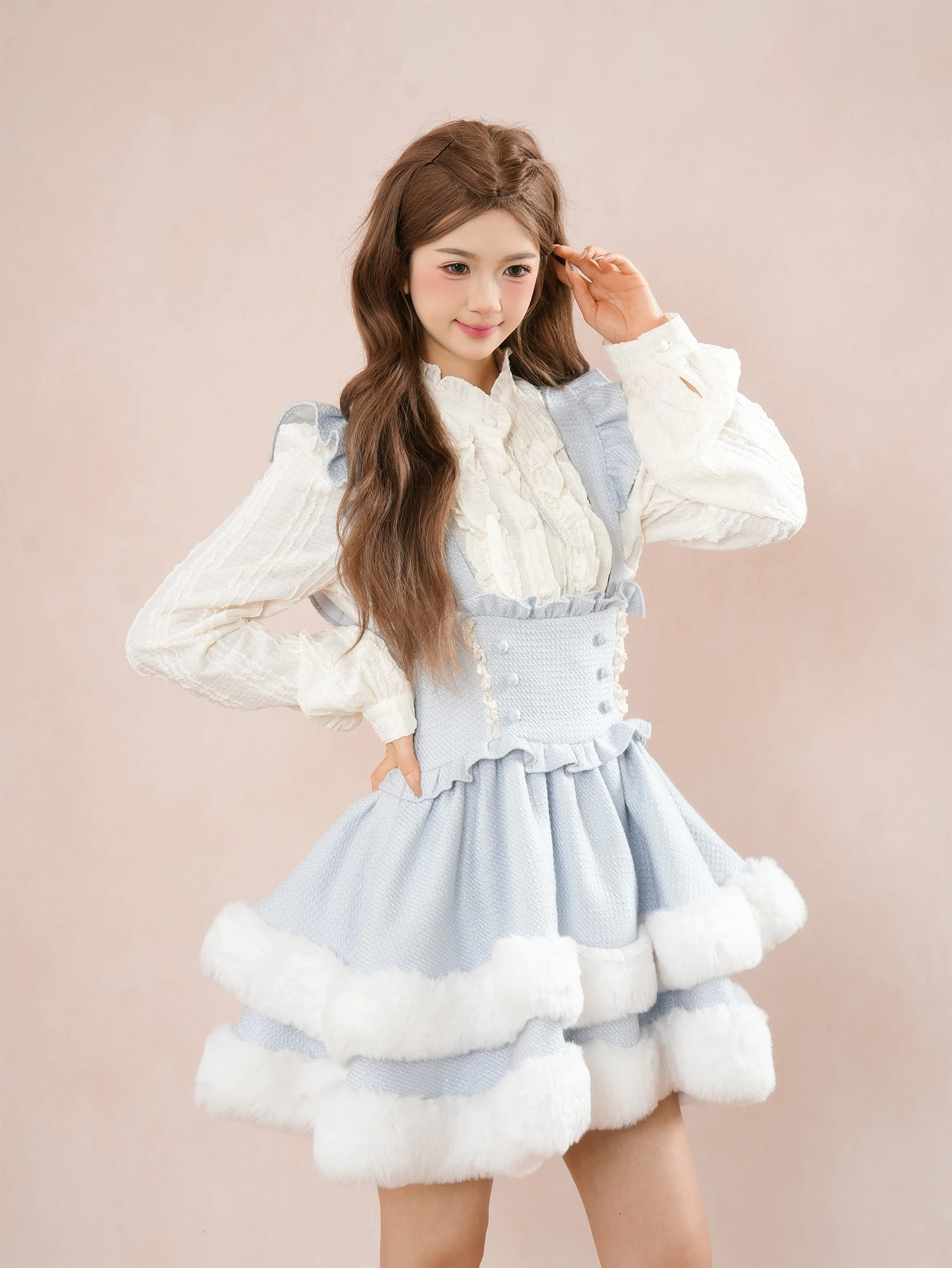 Autumn Winter New Korean Style Sweet Milk Blue Fur Collar Cape Apricot Long Sleeve Base Shirt Slim Fit Short Strap Dress Set