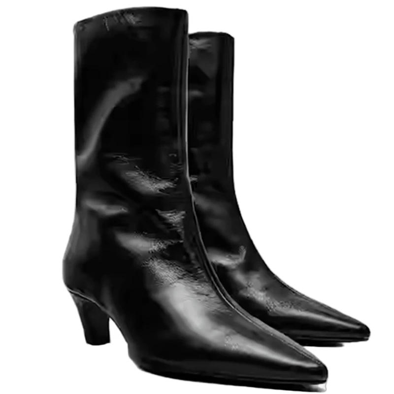 

Jenny&Dave English Genuine Leather Slip On Mid-calf Boots Versatile Pointed Soft High-heeled Boots,Women's Boots,Woman shoes