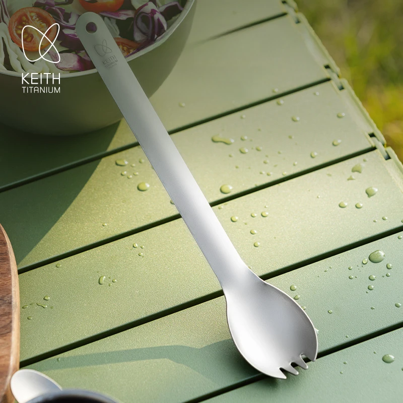 ملعقة كيث من التيتانيوم النقي بمقبض طويل للتخييم والمشي والسفر أدوات مائدة مضادة للبكتيريا خفيفة الوزن لأدوات تناول الطعام في الهواء الطلق قابلة للغسل في غسالة الأطباق