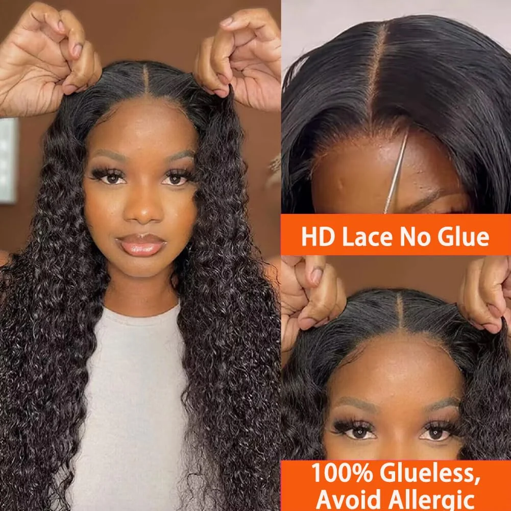 Wig tanpa lem gelombang dalam Wig renda pra-potong ketebalan 200% Wig gelombang alami pra-pencabutan Wig rambut manusia keriting tanpa lem untuk wanita