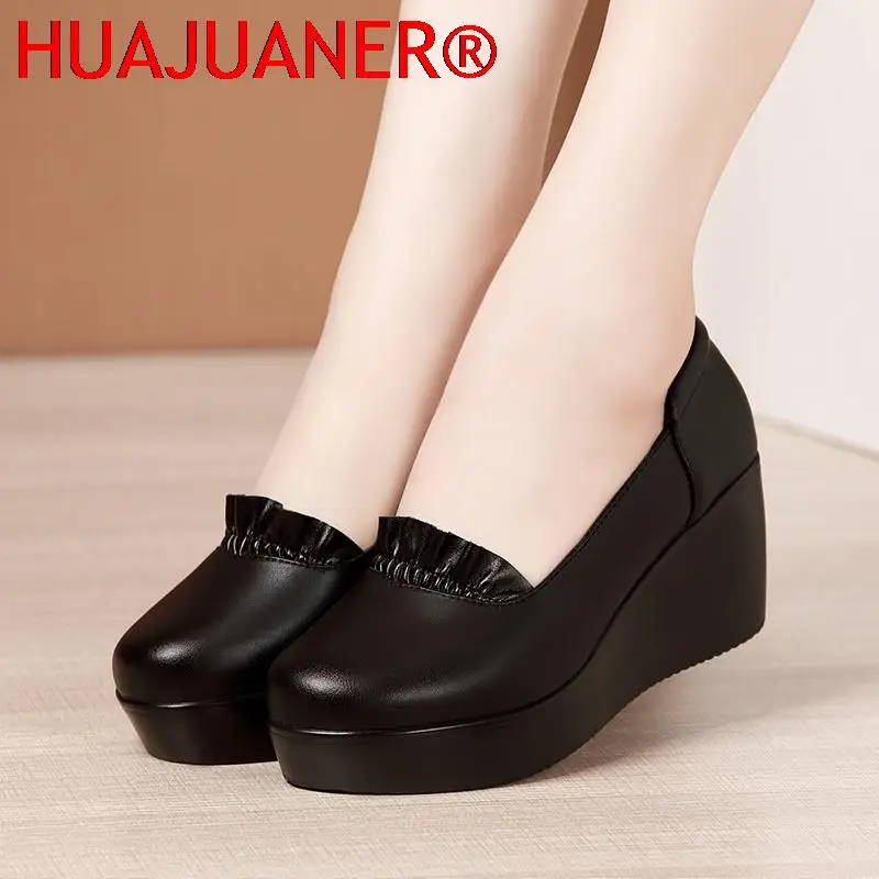 Wedges Shoes for Women 2025 Autumn Spring Platform Pumps Woman High Heels Leather Office Shoes Ladies Plus Size 34-43