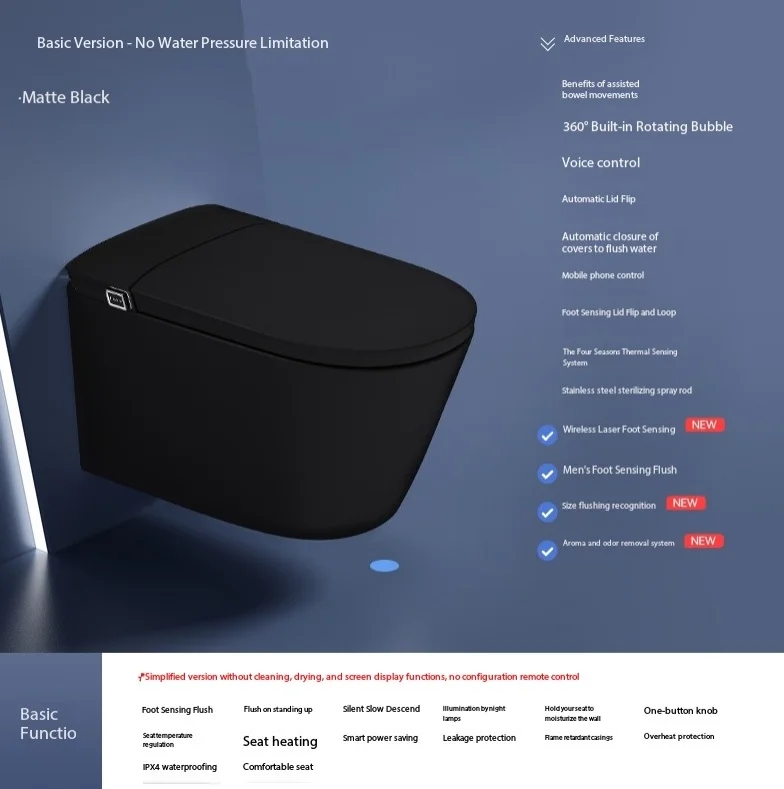 Высококачественный умный туалет, настенный туалет для ванной комнаты с пультом дистанционного управления чашей без оправы и дренажем S-Trap, интеллектуальный дизайн