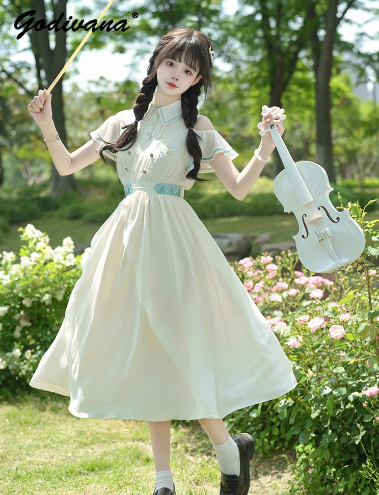 

2024 Spring and Summer Women's Short Sleeve Off-the-Shoulder Elegant Chiffon Dress Lady Girls Sweet Long Dresses