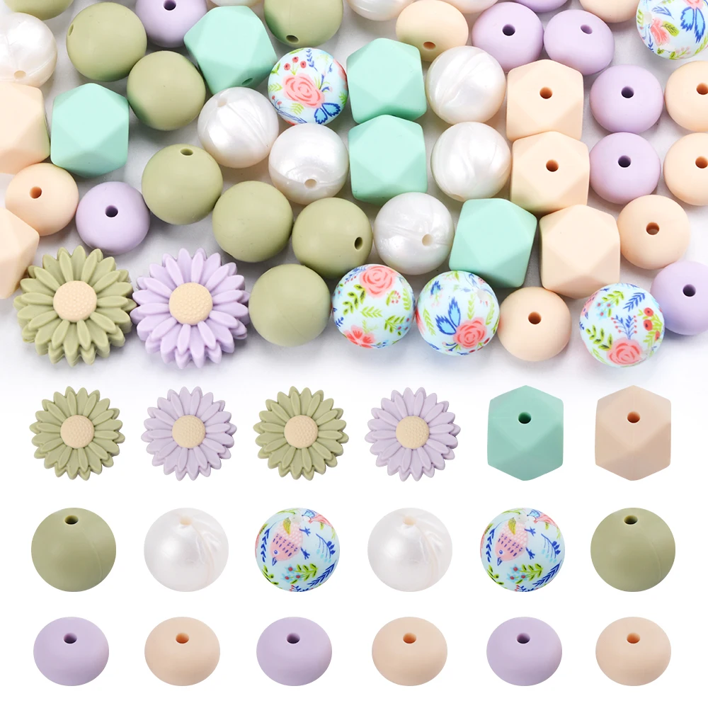 LOFCA  57pcs 22 mm Daisy round Loose silicone beads Silicone necklace DIY necklace Silicone beads BPA free Jewelry accessories