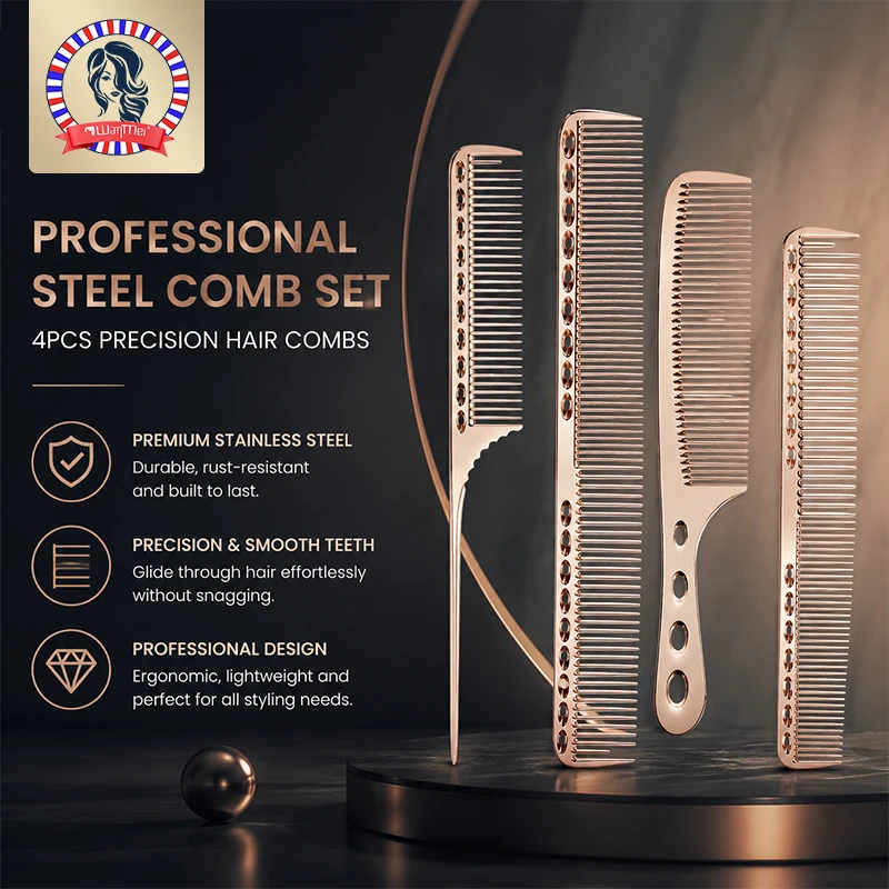 4PCS Professional Stainless Steel Hair Comb Set Barber Hair Cutting Sharp Tail Comb Durable Rust Resistant for Salon Home Use
