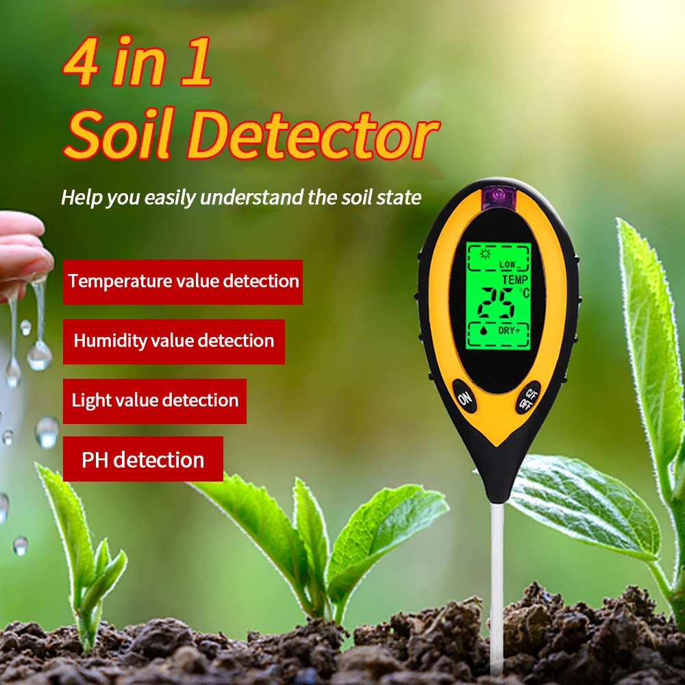 4 in 1 Soil PH Meter Tester Soil Tester PH Moisture Meter Temperature Sunlight Intensity Measurement Analysis Soil Acidity Test