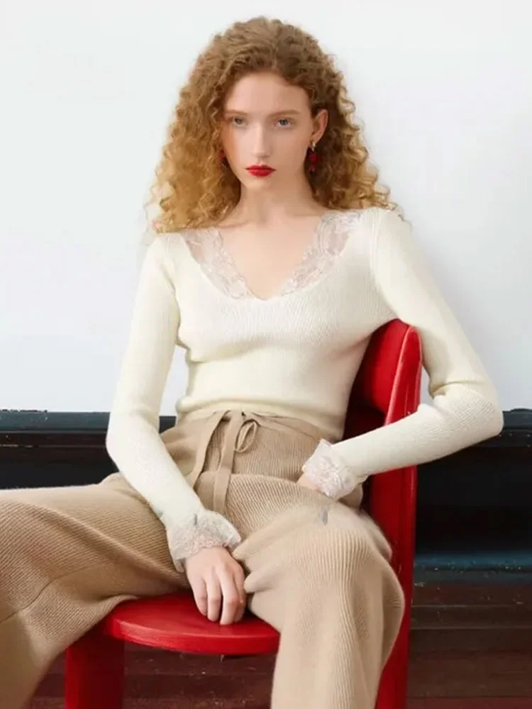 

Сексуальный облегающий кружевной вязаный топ с круглым вырезом, осенняя новинка, мягкий, удобный, с длинными рукавами
