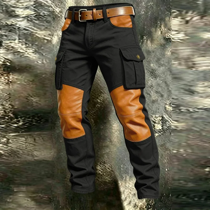 KIDWHXR Autumn Men Cargo Pants Retro Patchwork Multi-pocket Male Trousers Mid Waist Outdoor Sport Casual Man Workwear Pants