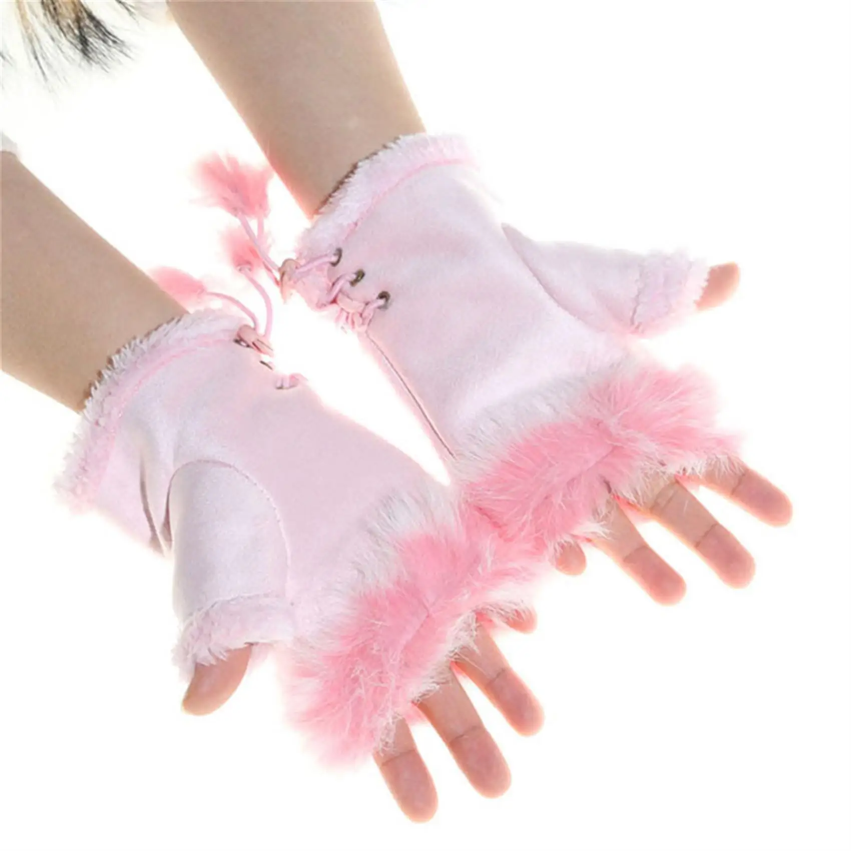 Half Finger Women Mitten Cute Plush/Suede Leather Gloves High Quality Faux Rabbit Hair Wrist Fingerless Mittens For Ladies image 3