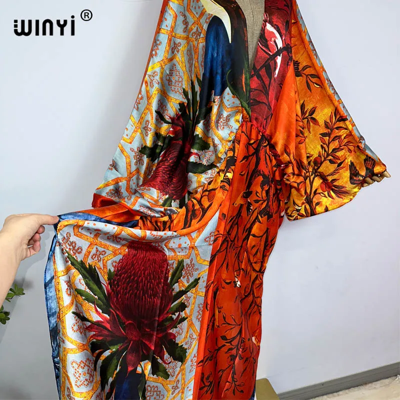 Sexy Bech Hoge-Kwaliteit Hand Gerold Voelen Zijde Rayon Fashion Print 2021 Winyi Maxi Vrouwen Gewaden Lange strand V-hals Bohemian Jurk