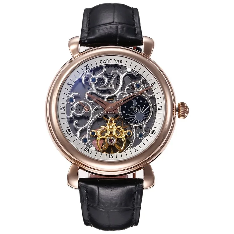 CARCIYAR Casual Business Mechanical Men's Watch: Full-Featured, Skeletonized Stainless Steel Dial, Ultra-Thin, 43.5 mm