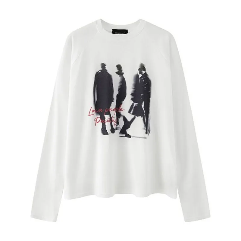 America Grunge Style Long Sleeve T-Shirt Unique Abstract Shadow Black & White Loose Fit Tees Retro Streetwear Unisex Fashion Top