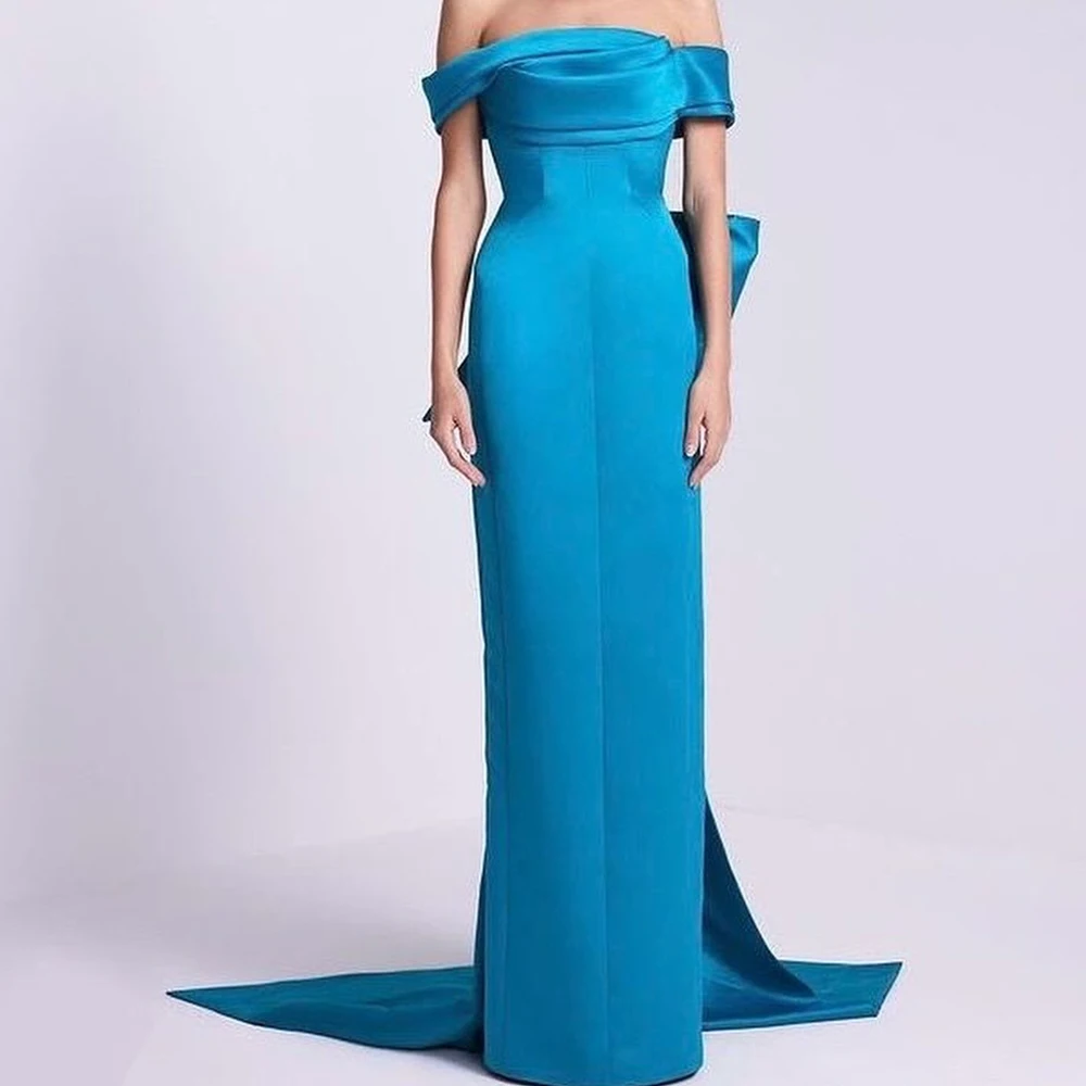 Blue Satin Strapless Off the Shoulder Floor Length Panel Train Straight Bow Zipper Back Elegant Luxury Evening Dress 2024