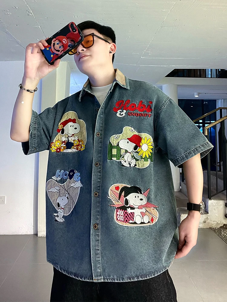 

Waed Cotton Denim irt Fun Cartoon Embroidery Loose ort Sve ex Summer Breathable Casual Faionable irt