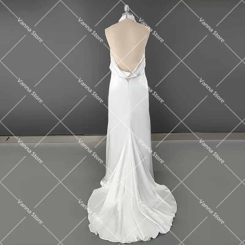 Low Cut Halter Open Back Silky Satin Bridal Gown Custom Made Simple High Collar Cowl Swoop Sexy Summer Wedding Dress Real Photos