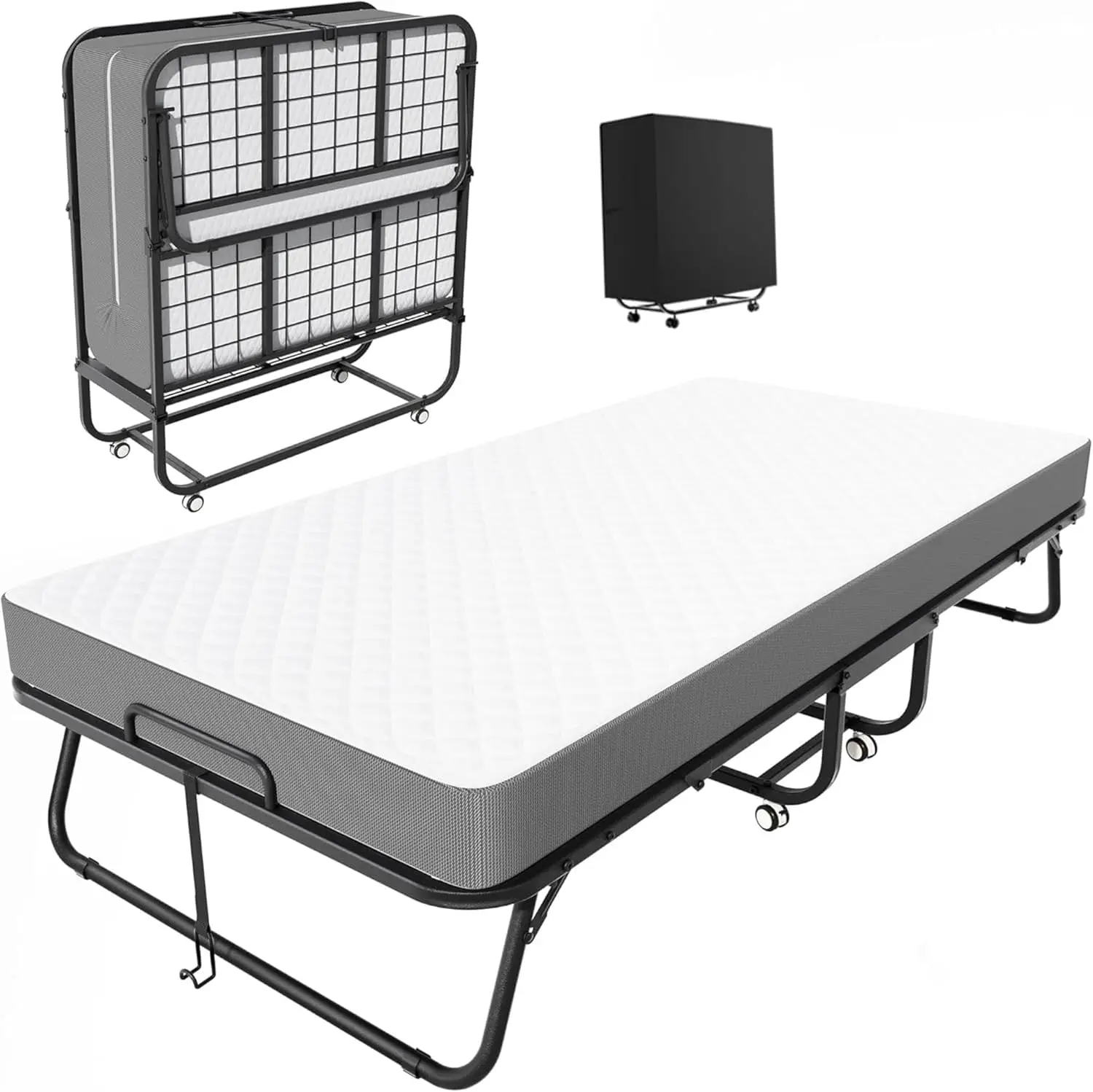 Folding Bed with Mattress, Foldable Twin Bed, Roll Away Bed for Adults, 75