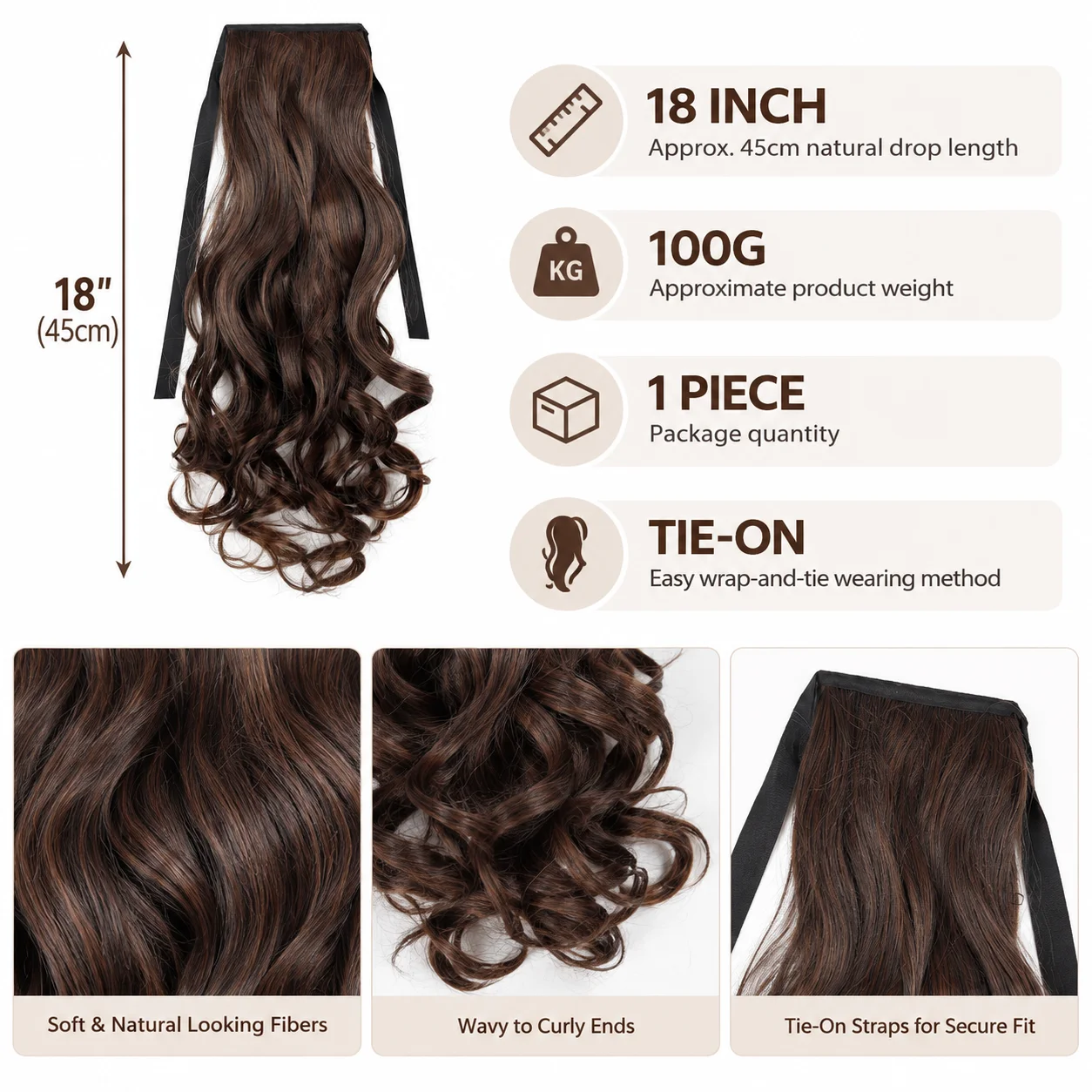 Long Wavy Tie On Ponytail Hair Extension 18 Inch 100g Synthetic High Ponytail Curly Wrap Around Hairpiece For Women Party Daily 2