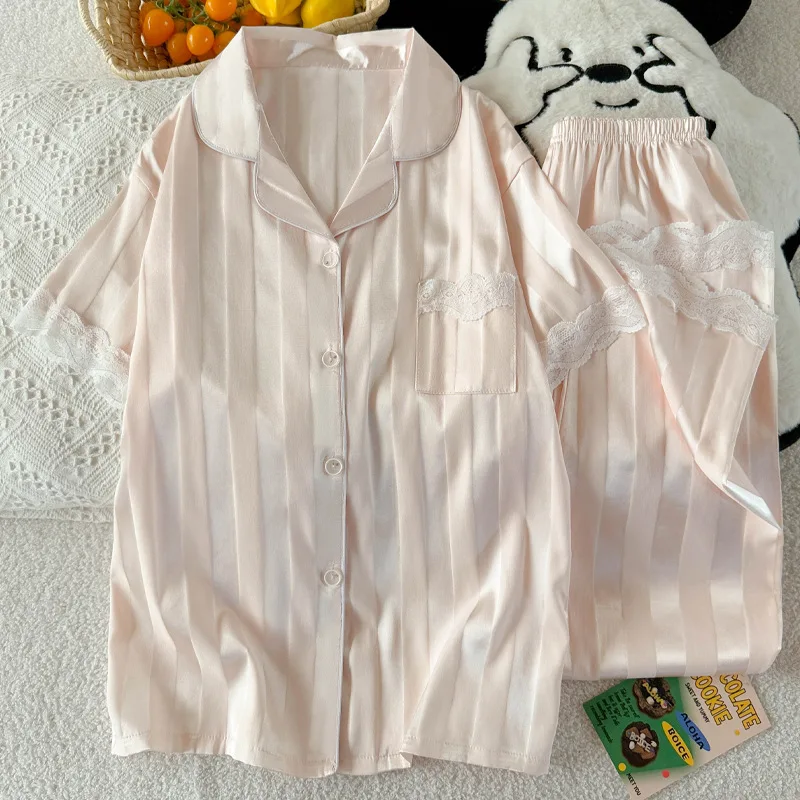 Solid Color Ins Style Ice Silk Striped Temperament Lace Edge Pajamas Female Summer Short-Sleeved Set of Home Wear Real Photos