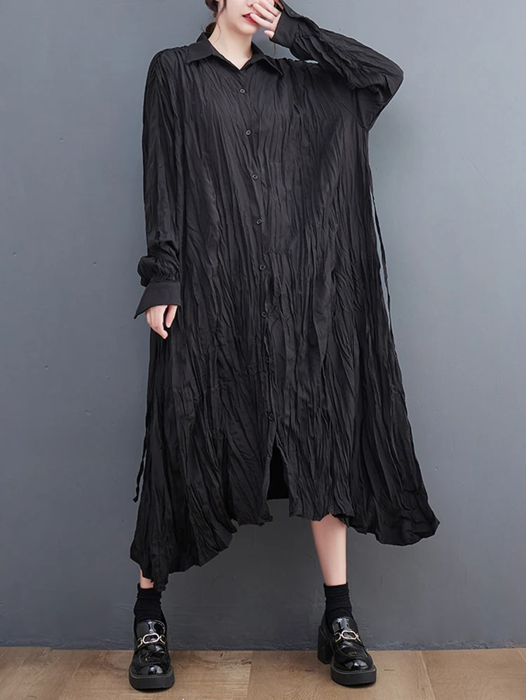 Irregular Black Vintage Pleated Shirt Dresses For Women New Loose Casual Long Sleeve Dress Elegant Clothing Spring Autumn 2024