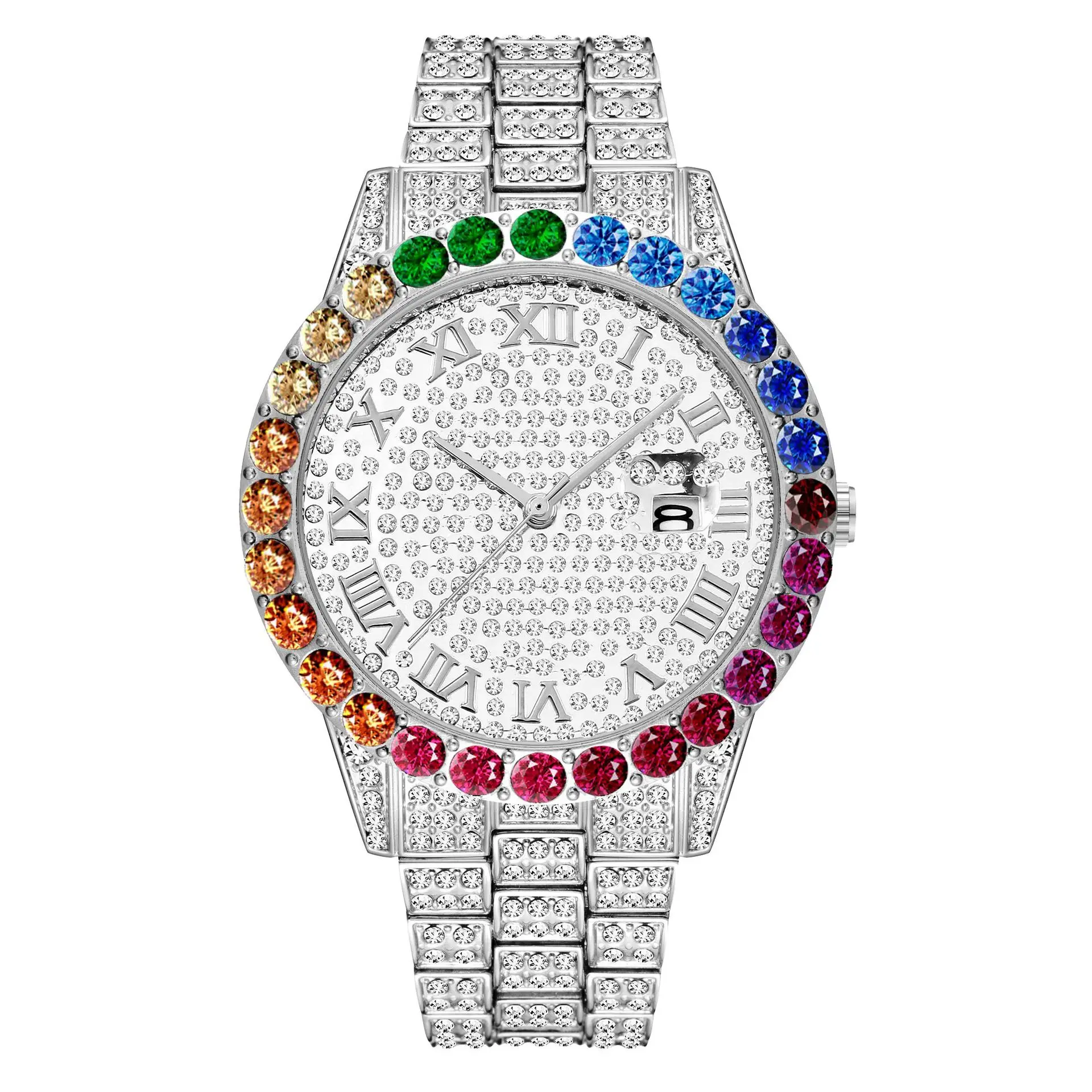 Hip Hop  Men Iced Out Watches Colorful Diamond Date Quartz Wristwatches Stainless Steel Strap Watch For Jewelry