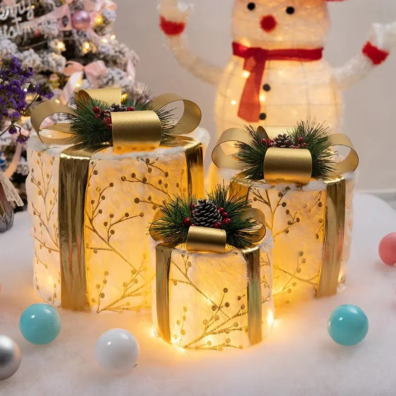 For White Luminous Gift Box Set of 3, Stackable Christmas Decoration for Christmas Tree, Mall & Shop Window Display Ornament