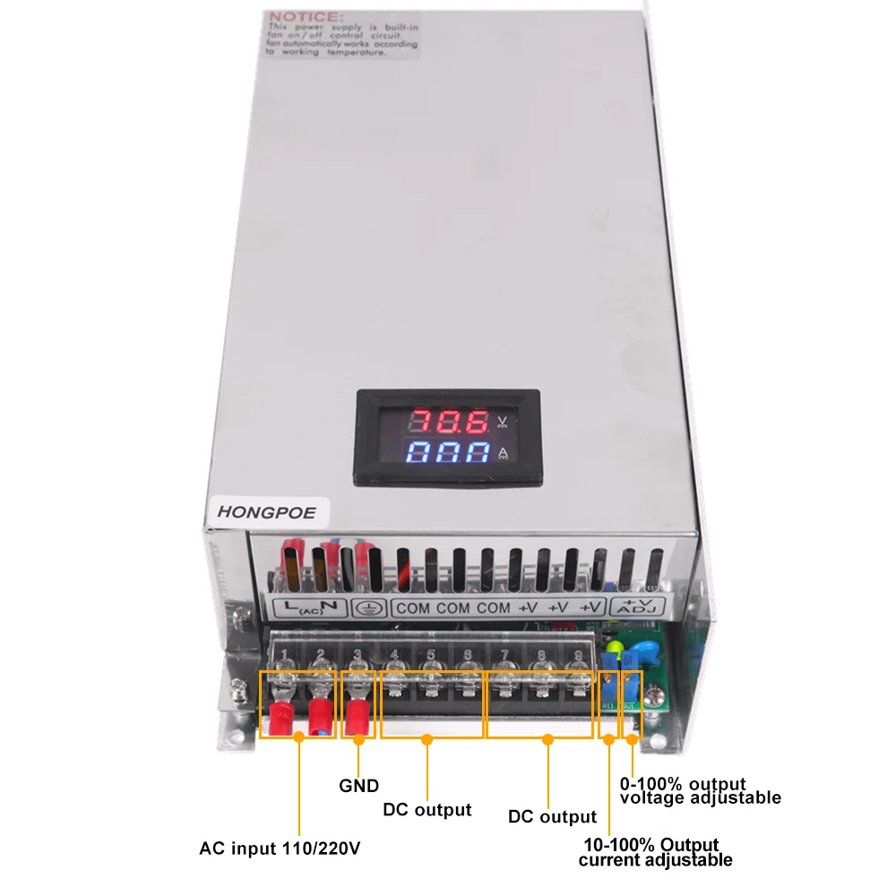 Display digital ajustável 500w 600w 1000w fonte de alimentação 0-12v 13.5v 24v 27v 30v 36v 48v 60v 72v 85v 110v 150v 200v ac para dc smps