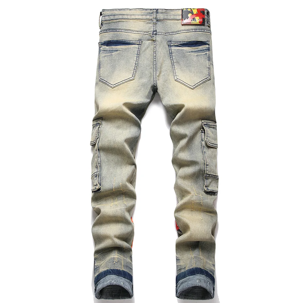 Männer Graffiti Print Stretch Denim Jeans Flamme Schädel Teufel Painted Dünne Verjüngt Hosen Streetwear Vintage Taschen Cargo Hosen