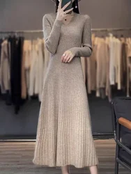 Women's Mid-Length Knitted Cashmere Dress Slimming Base Layer Spring Autumn New Style Over-Knee Wrap V-Neck A-Line Gown