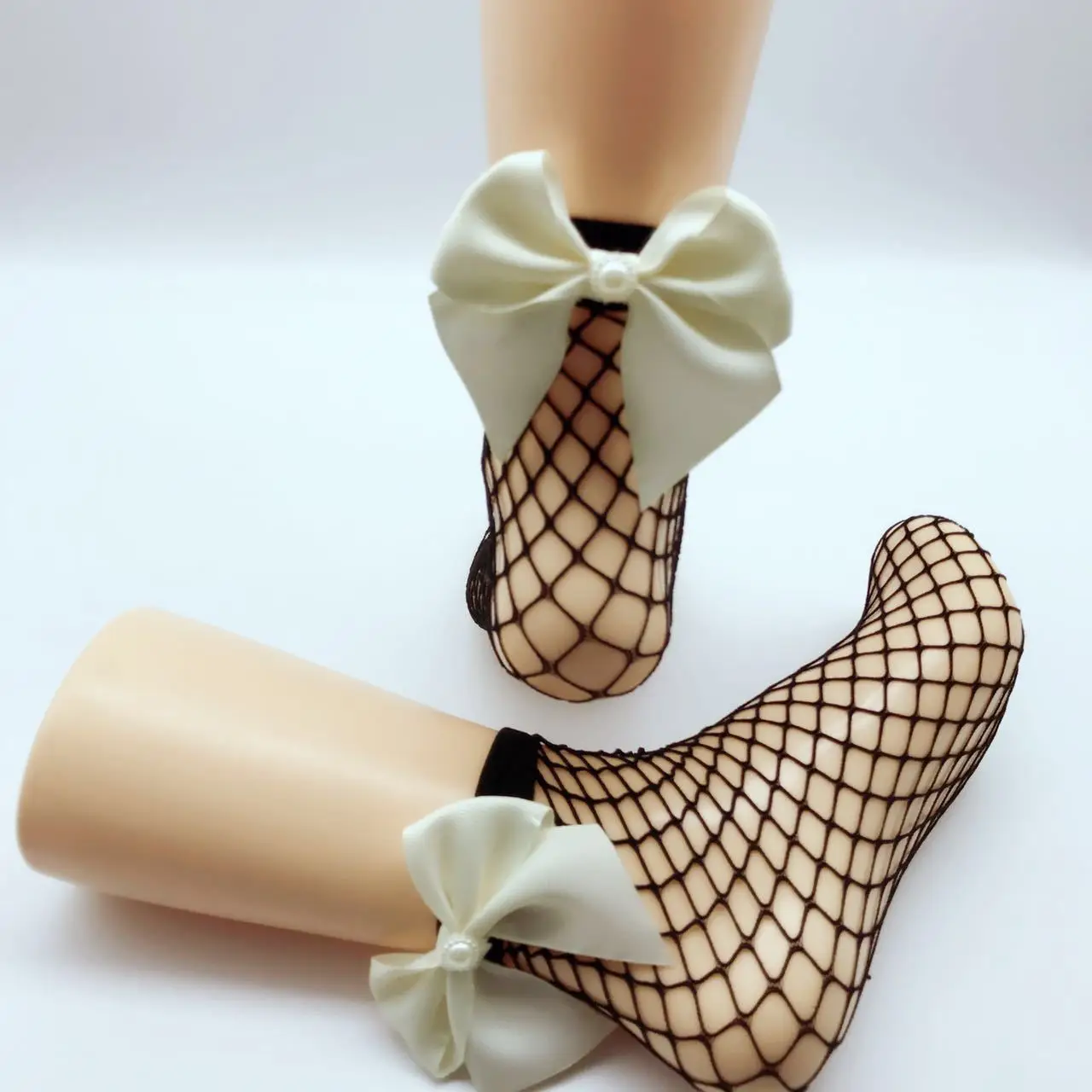 Black Hollow Fishnet Ankle Socks Cute Bow Decor Women Short Mesh Hosiery