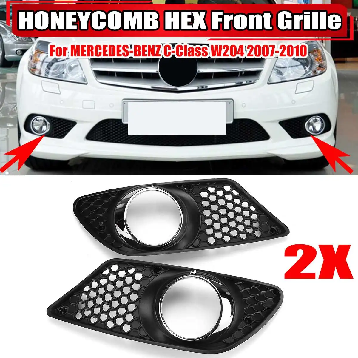 2xCar Front Fog Light Lamp Grille Grill Cover HONEYCOMB HEX For MERCEDES For BENZ C-Class W204 2007-2010 A2048850353 A2048850253