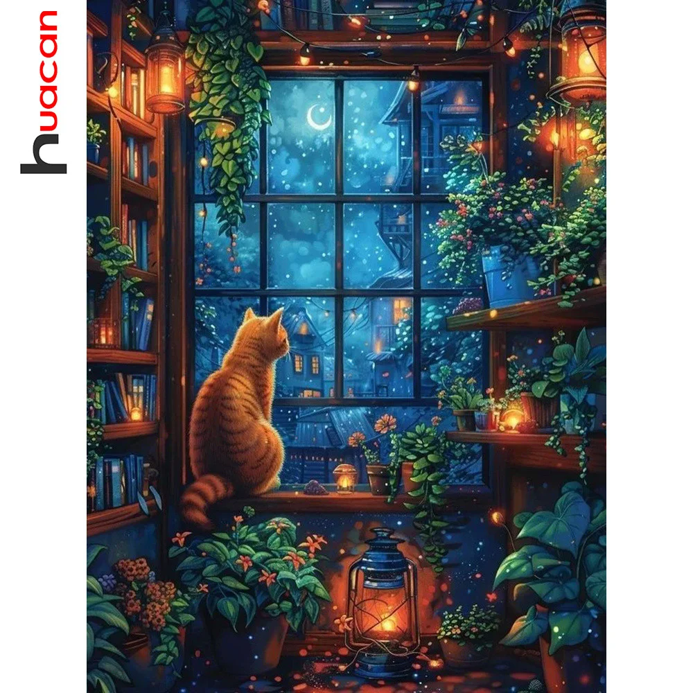 【セール中】Huacan Diy ダイヤモンド絵画動物猫ラインストーンフルダイヤモンドモザイク風景窓家の装飾手作り趣味