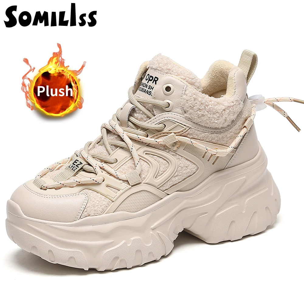 SOMILISS Women's Chunky Platform Sneakers Plush Lining Winter Warm Casual Sneakers Luxury Fashion Comfortable Snow Shoes Female