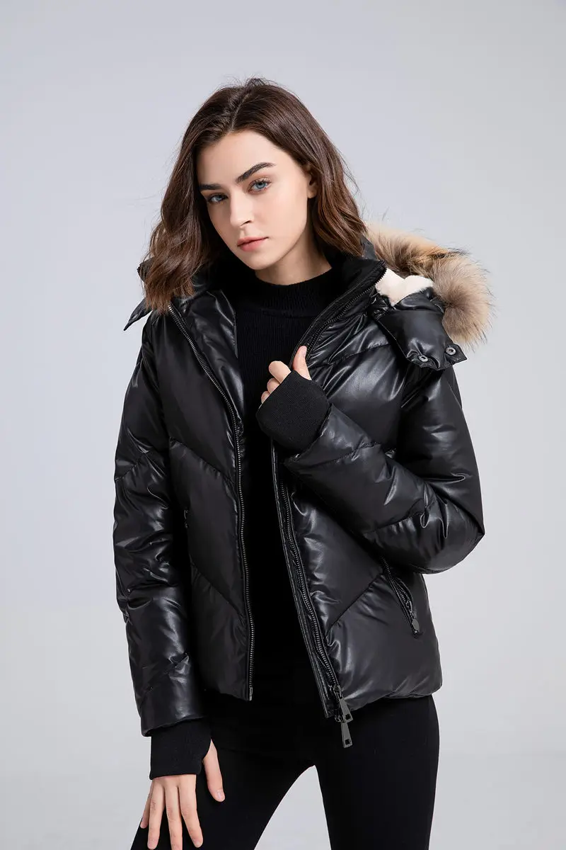 AS  winter Adult woman Vegan leather coat filled down warm jacket with big nature fur