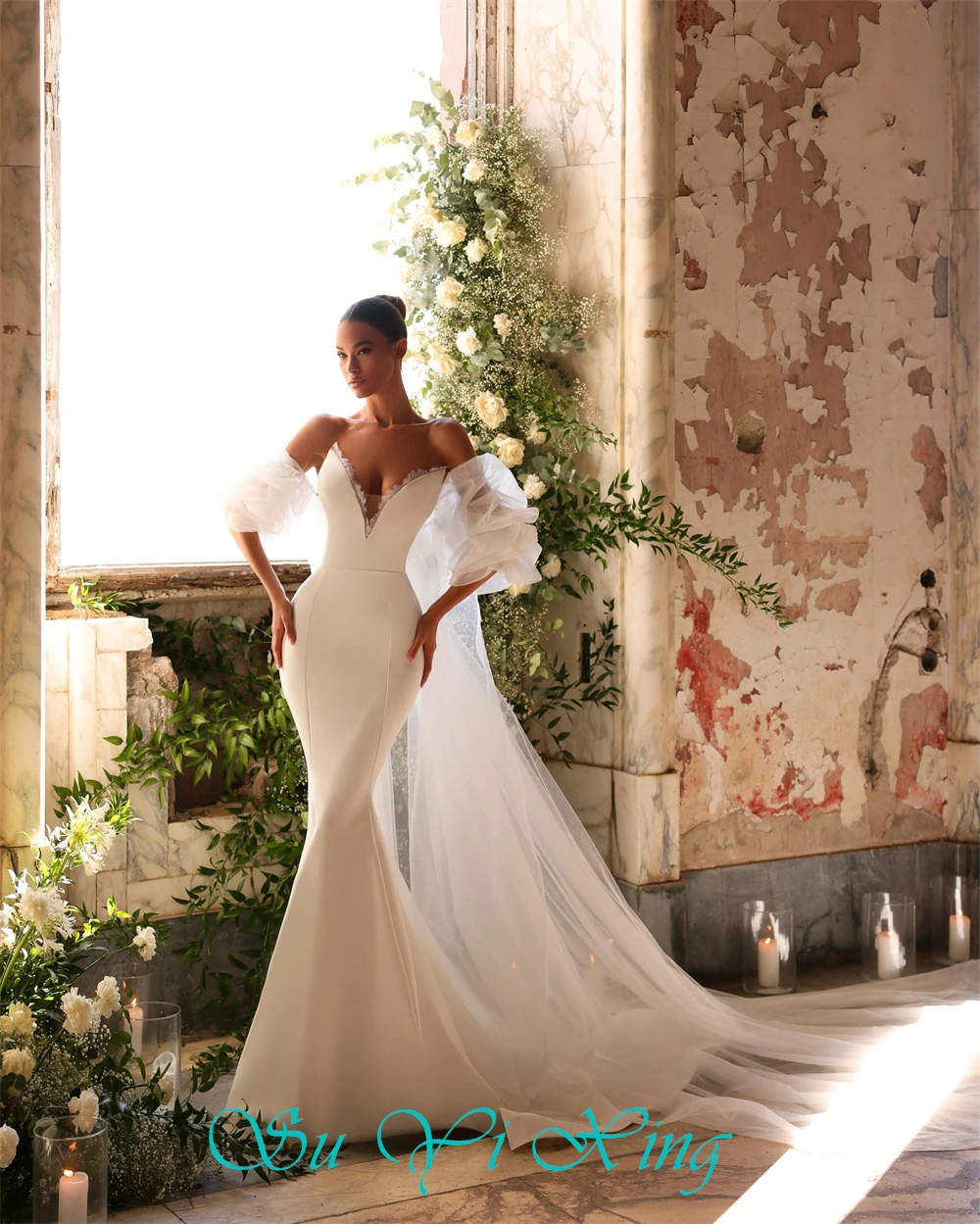 تخصيص كلاسيكي الأبيض جيرسي مساء اللباس الأنيق الخامس الرقبة أكمام فساتين الزفاف حساسة حورية البحر الدانتيل فساتين المشاهير #6