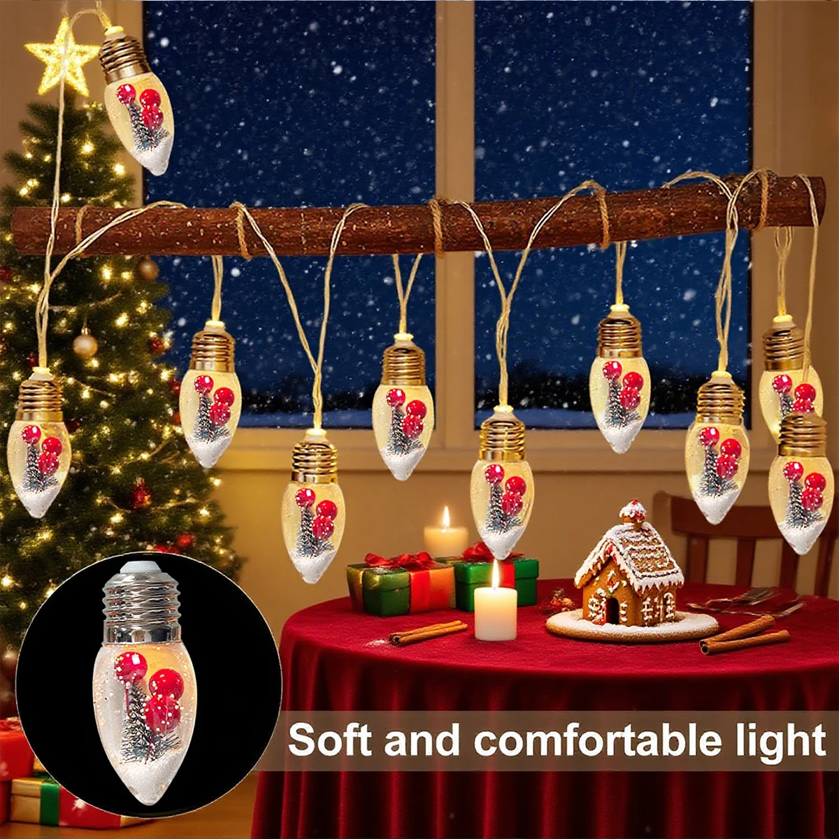 1 قطعة LED سنو غلوب لمبة سلسلة ضوء مع شجرة عيد الميلاد وتوت الأحمر بطارية تعمل بالطاقة للمنزل فناء رف الموقد زينة عيد الميلاد