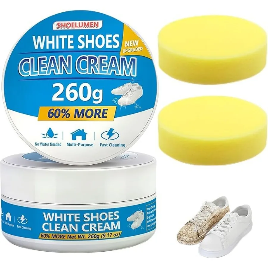 White Shoes Clean Cream Original 260g, Shoe Cleaning Kit Multi-Purpose Clean Cream white Shoe Cleaner with Sponge, No Water Nee
